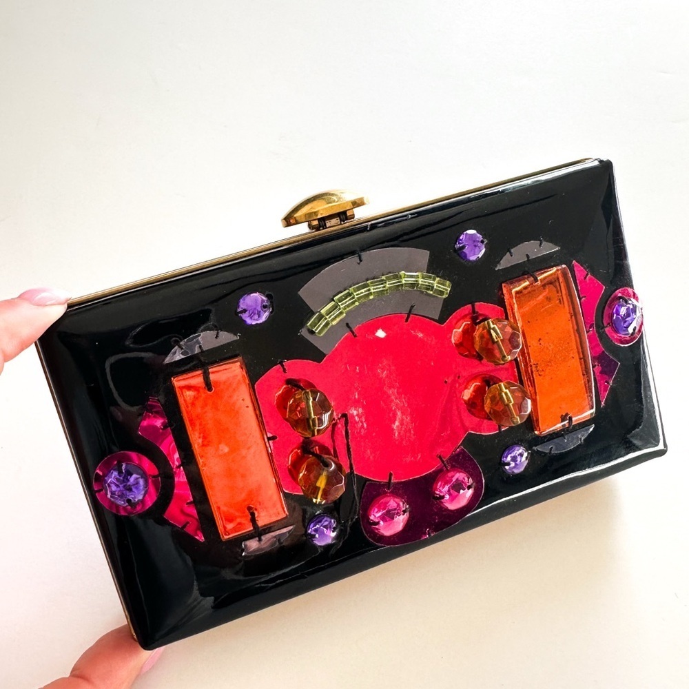 Rare Vintage Yves Saint Laurent Jeweled Patent Leather Minaudière Clutch - Picture 2 of 14
